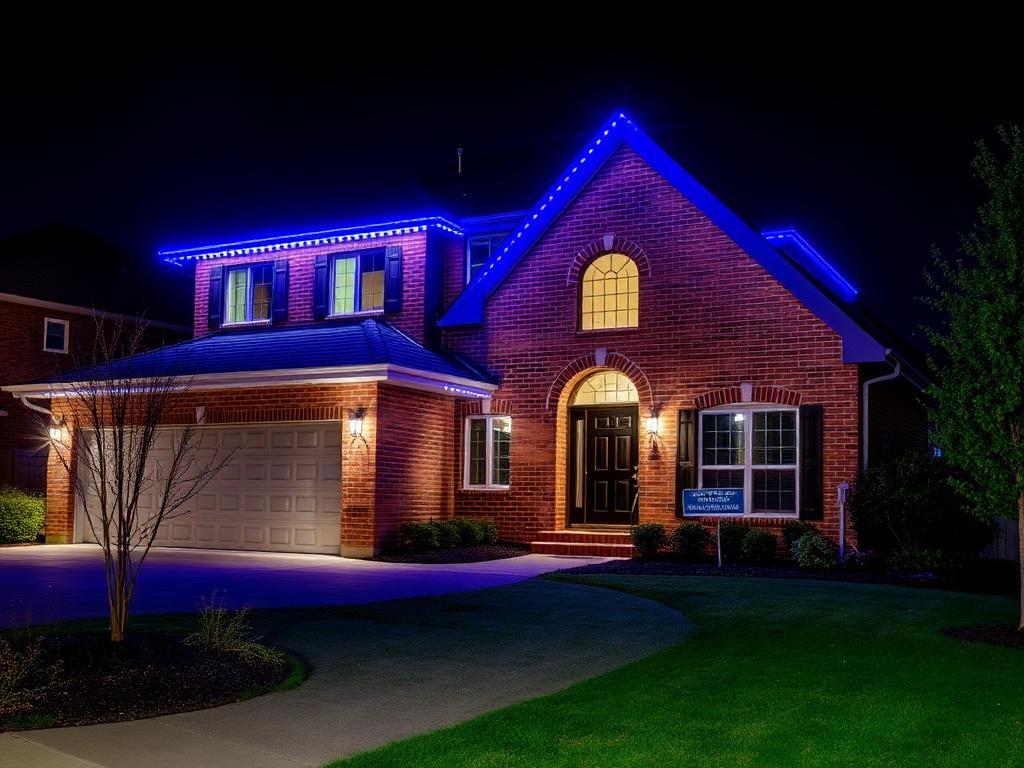 Blue permanent LED lighting on a brick home in Katy TX