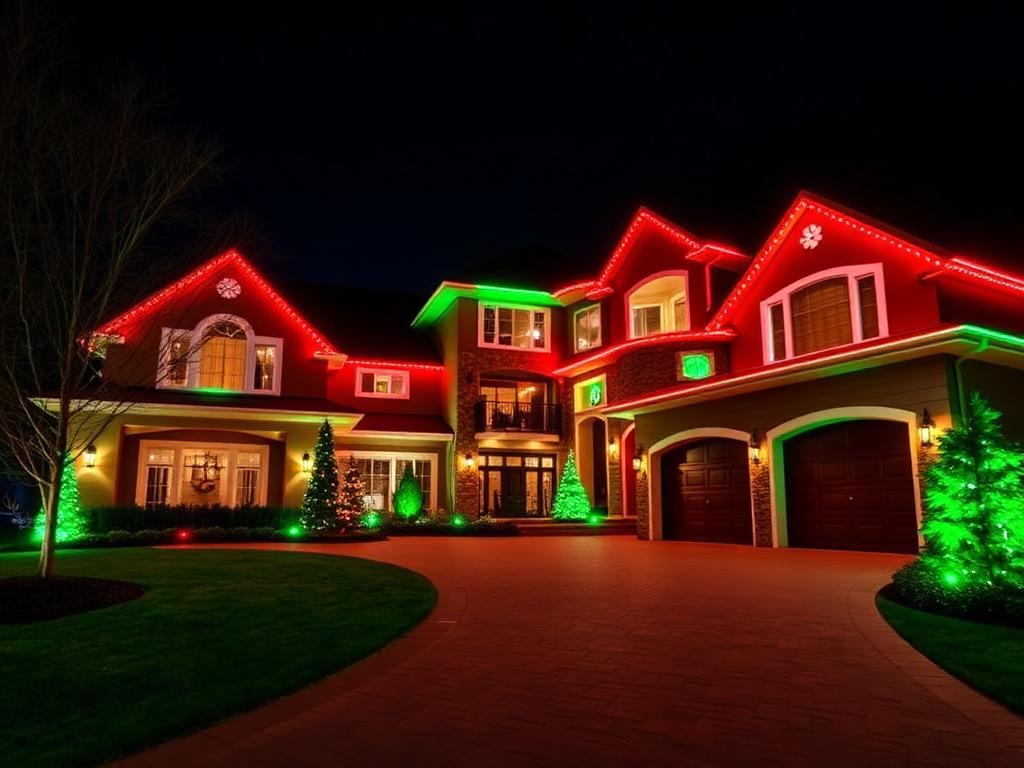 Festive red and green permanent LED lighting on a Woodlands home